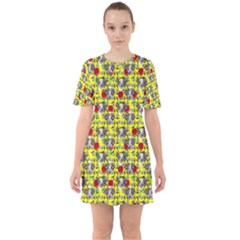 Heart Skeleton Face Pattern Yellow Sixties Short Sleeve Mini Dress by snowwhitegirl