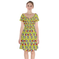 Heart Skeleton Face Pattern Yellow Short Sleeve Bardot Dress by snowwhitegirl