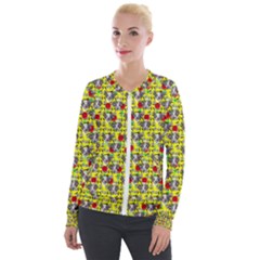 Heart Skeleton Face Pattern Yellow Velour Zip Up Jacket by snowwhitegirl