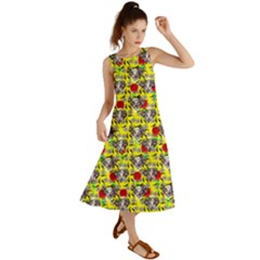 Heart Skeleton Face Pattern Yellow Summer Maxi Dress