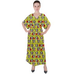 Heart Skeleton Face Pattern Yellow V-neck Boho Style Maxi Dress by snowwhitegirl