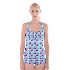 Cherries An Bats Aqua Boyleg Halter Swimsuit  by snowwhitegirl