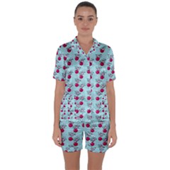 Cherries An Bats Aqua Satin Short Sleeve Pyjamas Set by snowwhitegirl