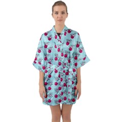 Cherries An Bats Aqua Half Sleeve Satin Kimono  by snowwhitegirl