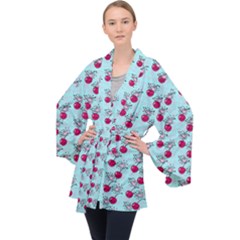 Cherries An Bats Aqua Long Sleeve Velvet Kimono  by snowwhitegirl