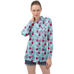 Cherries An Bats Aqua Long Sleeve Satin Shirt