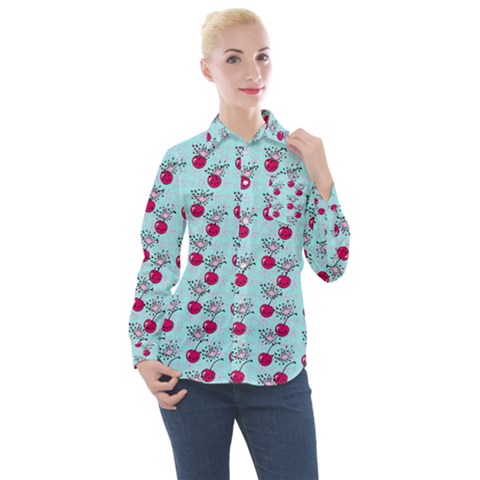 Cherries An Bats Aqua Women s Long Sleeve Pocket Shirt by snowwhitegirl