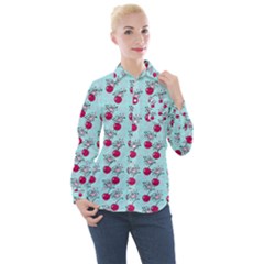 Cherries An Bats Aqua Women s Long Sleeve Pocket Shirt