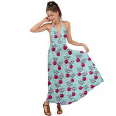 Cherries An Bats Aqua Backless Maxi Beach Dress