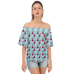 Cherries An Bats Aqua Off Shoulder Short Sleeve Top by snowwhitegirl