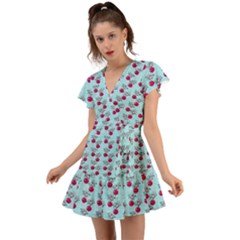 Cherries An Bats Aqua Flutter Sleeve Wrap Dress