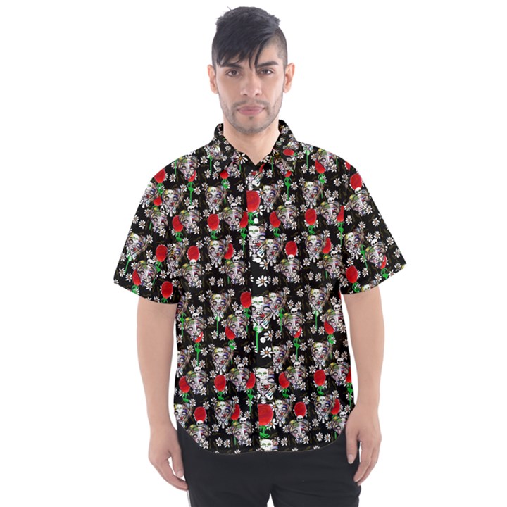 Heart Skeleton Face Pattern Black Men s Short Sleeve Shirt