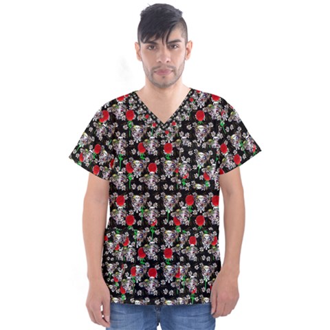 Heart Skeleton Face Pattern Black Men s V-neck Scrub Top by snowwhitegirl