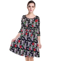 Heart Skeleton Face Pattern Black Quarter Sleeve Waist Band Dress by snowwhitegirl