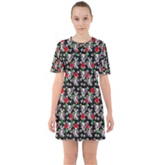 Heart Skeleton Face Pattern Black Sixties Short Sleeve Mini Dress by snowwhitegirl