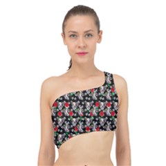 Heart Skeleton Face Pattern Black Spliced Up Bikini Top 