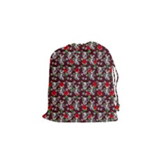 Heart Skeleton Face Pattern Burgundy Drawstring Pouch (small)