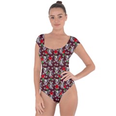 Heart Skeleton Face Pattern Burgundy Short Sleeve Leotard  by snowwhitegirl