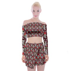 Heart Skeleton Face Pattern Burgundy Off Shoulder Top With Mini Skirt Set by snowwhitegirl