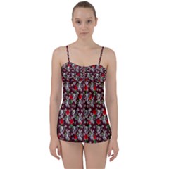 Heart Skeleton Face Pattern Burgundy Babydoll Tankini Set