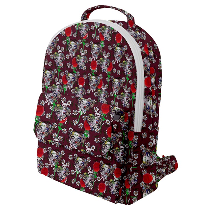 Heart Skeleton Face Pattern Burgundy Flap Pocket Backpack (Small)