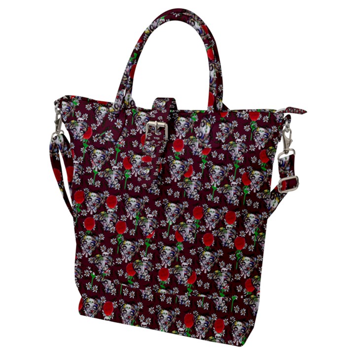 Heart Skeleton Face Pattern Burgundy Buckle Top Tote Bag