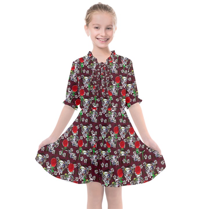 Heart Skeleton Face Pattern Burgundy Kids  All Frills Chiffon Dress