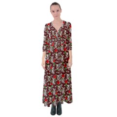 Heart Skeleton Face Pattern Burgundy Button Up Maxi Dress