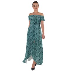 Knitted Wool Blue Off Shoulder Open Front Chiffon Dress