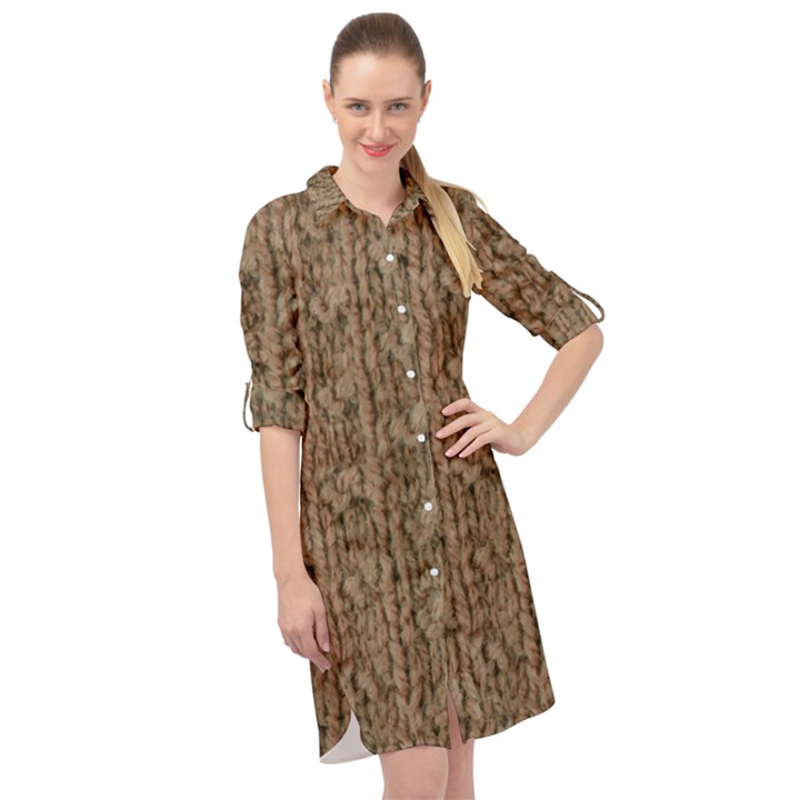 Knitted Wool Brown Long Sleeve Mini Shirt Dress