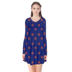 Red Rose Blue Long Sleeve V-neck Flare Dress by snowwhitegirl