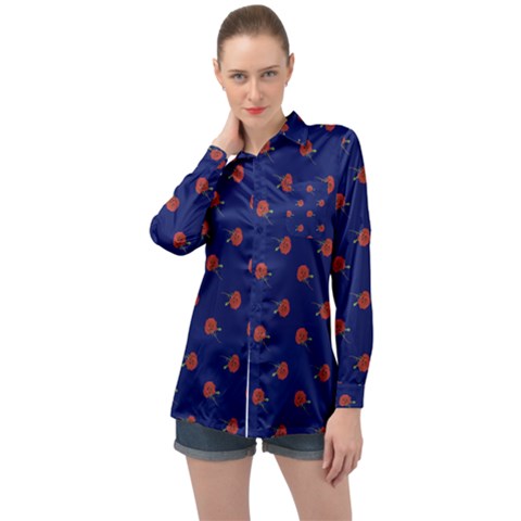 Red Rose Blue Long Sleeve Satin Shirt by snowwhitegirl