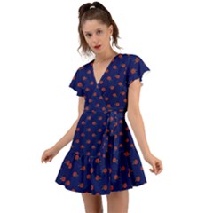 Red Rose Blue Flutter Sleeve Wrap Dress