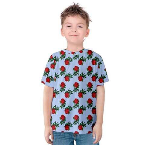 Red Roses Light Blue Kids  Cotton Tee by snowwhitegirl