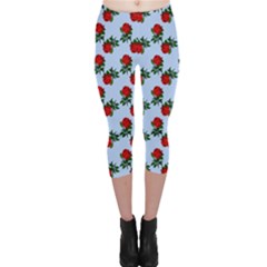 Red Roses Light Blue Capri Leggings  by snowwhitegirl