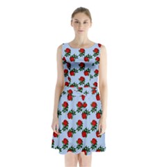 Red Roses Light Blue Sleeveless Waist Tie Chiffon Dress by snowwhitegirl