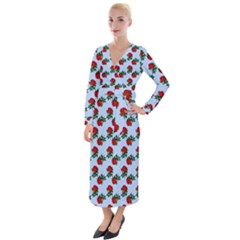 Red Roses Light Blue Velvet Maxi Wrap Dress by snowwhitegirl