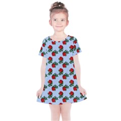 Red Roses Light Blue Kids  Simple Cotton Dress by snowwhitegirl