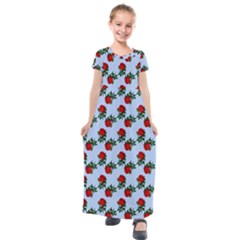 Red Roses Light Blue Kids  Short Sleeve Maxi Dress by snowwhitegirl