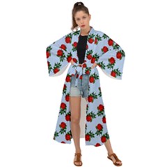 Red Roses Light Blue Maxi Kimono