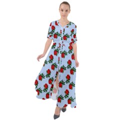 Red Roses Light Blue Waist Tie Boho Maxi Dress