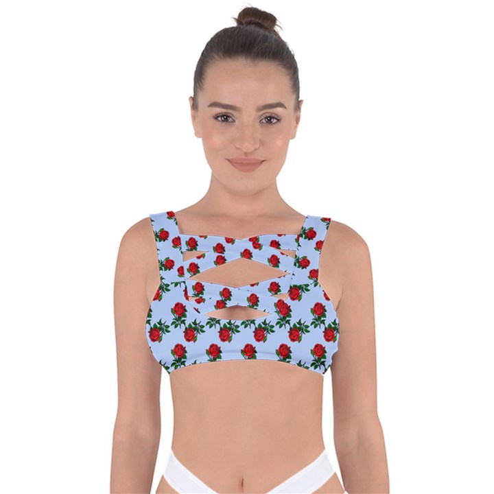 Red Roses Light Blue Bandaged Up Bikini Top