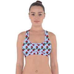 Red Roses Light Blue Cross Back Hipster Bikini Top 