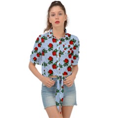 Red Roses Light Blue Tie Front Shirt 