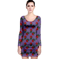 Red Roses Purple Vintage Long Sleeve Bodycon Dress by snowwhitegirl