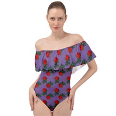 Red Roses Purple Vintage Off Shoulder Velour Bodysuit 