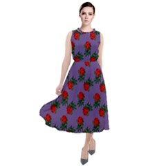 Red Roses Purple Vintage Round Neck Boho Dress