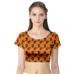 Red Roses Orange Short Sleeve Crop Top by snowwhitegirl