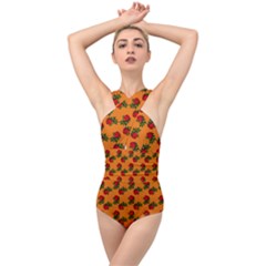 Red Roses Orange Cross Front Low Back Swimsuit by snowwhitegirl