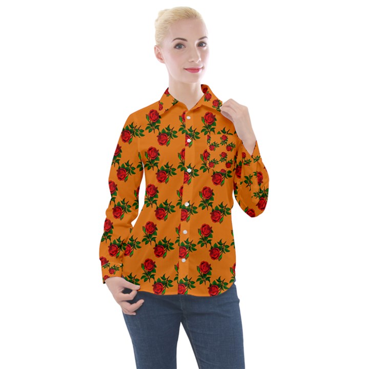 Red Roses Orange Women s Long Sleeve Pocket Shirt